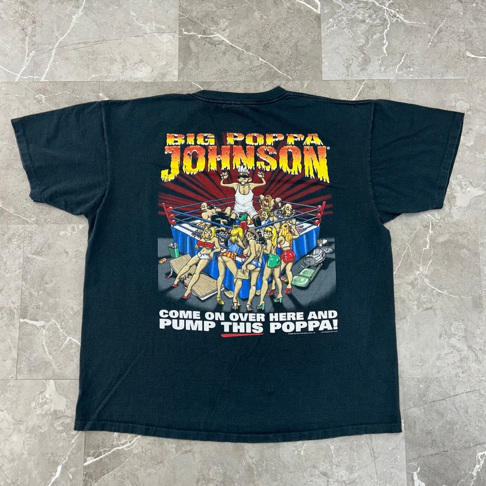90s Vintage Big Johnson Wrestling Graphic Tee‎ Mens XL Poppa Shirt Caricature